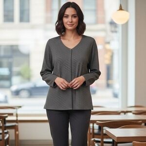 Liz Claiborne Petite Geometric Long Sleeve Blouse Top Women's Sz 18P Gray Tunic